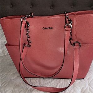 Salmon Coral pink Calvin Klein handbag chain handl